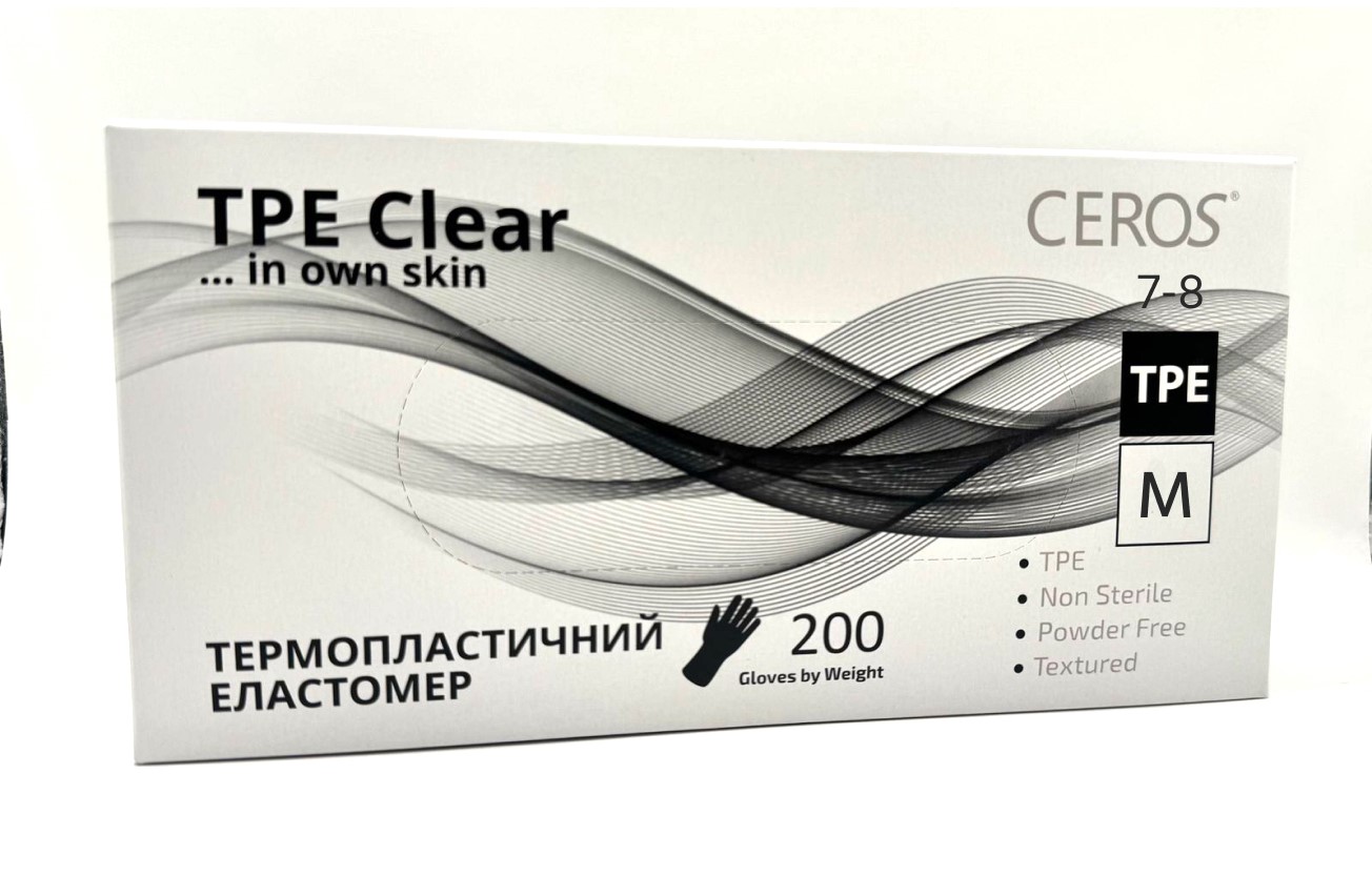 Рукавички оглядові необпудровані нестерильні з термопластичного еластомеру CEROS TPE Clear, M